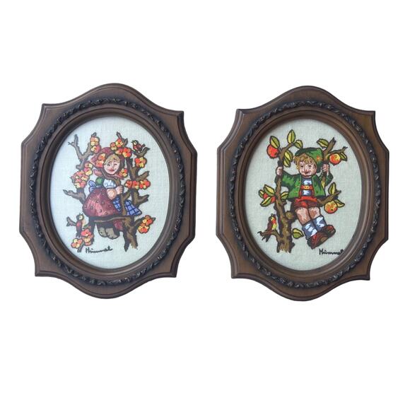 Vintage Framed Finished Crewel Hummel Autumn Boy Girl Embroidery Wooden Frames - Picture 1 of 9